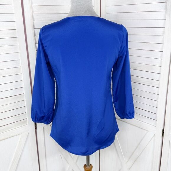 The Limited Cutouts Tie Neck Shimmer Crepe Blouse Blue XS - Picture 4 of 12